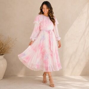 Ivy City Co Lovers Dress S Pink White Chiffon Pleated‎ Long Sleeve Ruffle Midi